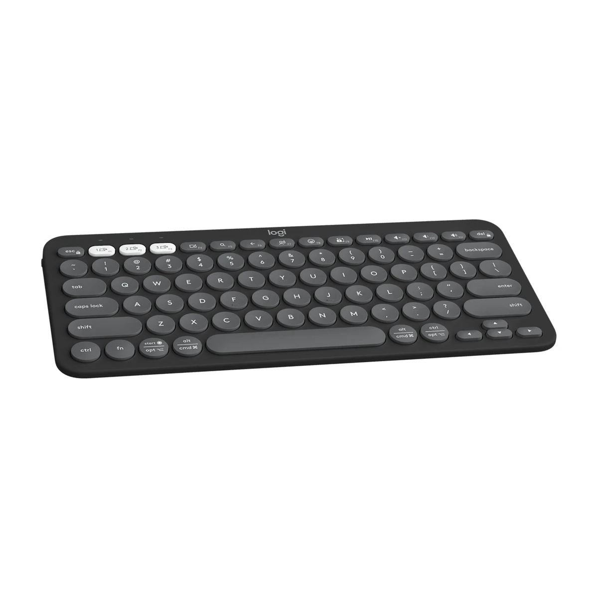 Logitech Pebble Keys 2 K380s keyboard in Tonal Graphite, angled left view Logitech Pebble Keys 2 K380s keyboard in Tonal Graphite, angled left view