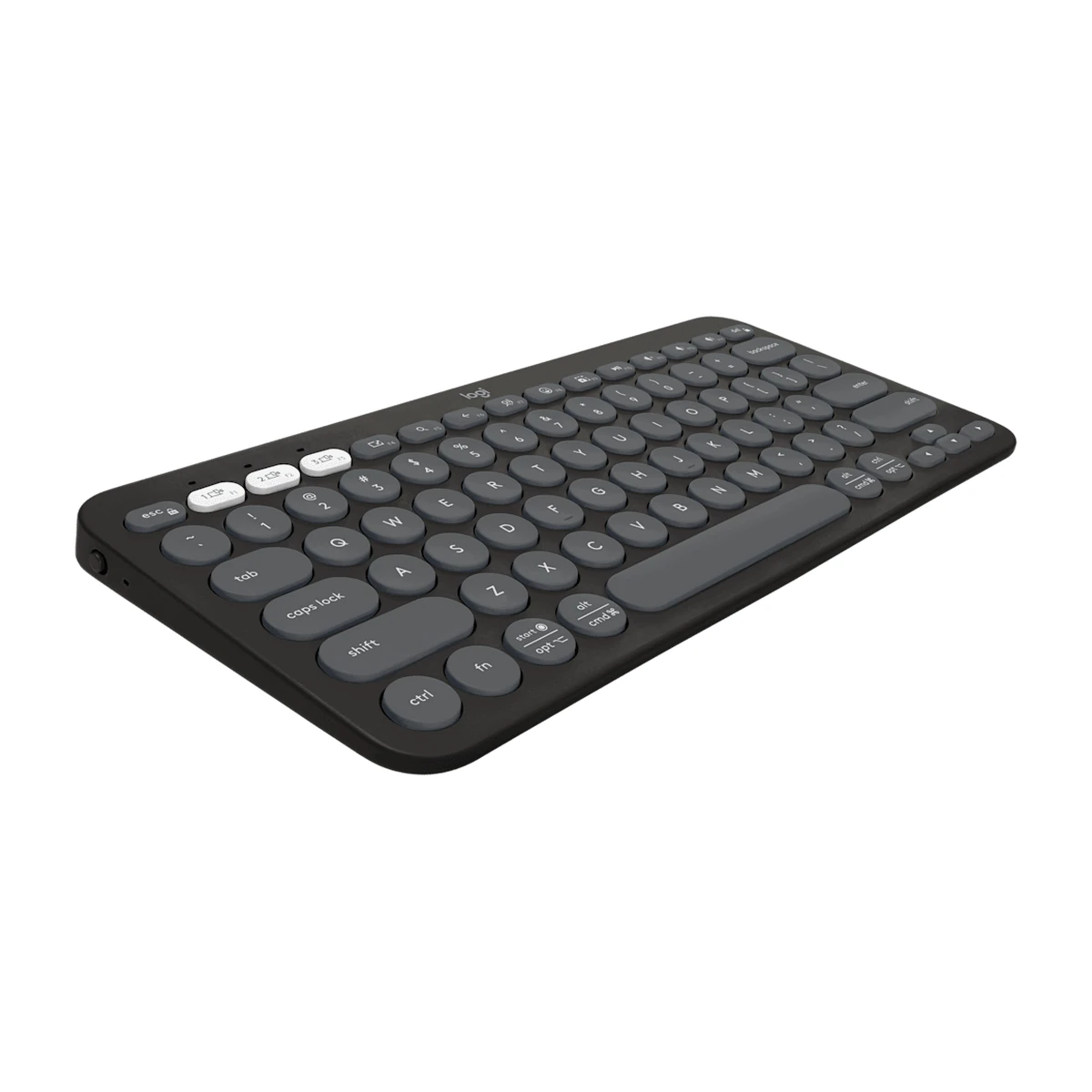 Logitech Pebble Keys 2 K380s keyboard in Tonal Graphite, angled right view Logitech Pebble Keys 2 K380s keyboard in Tonal Graphite, angled right view