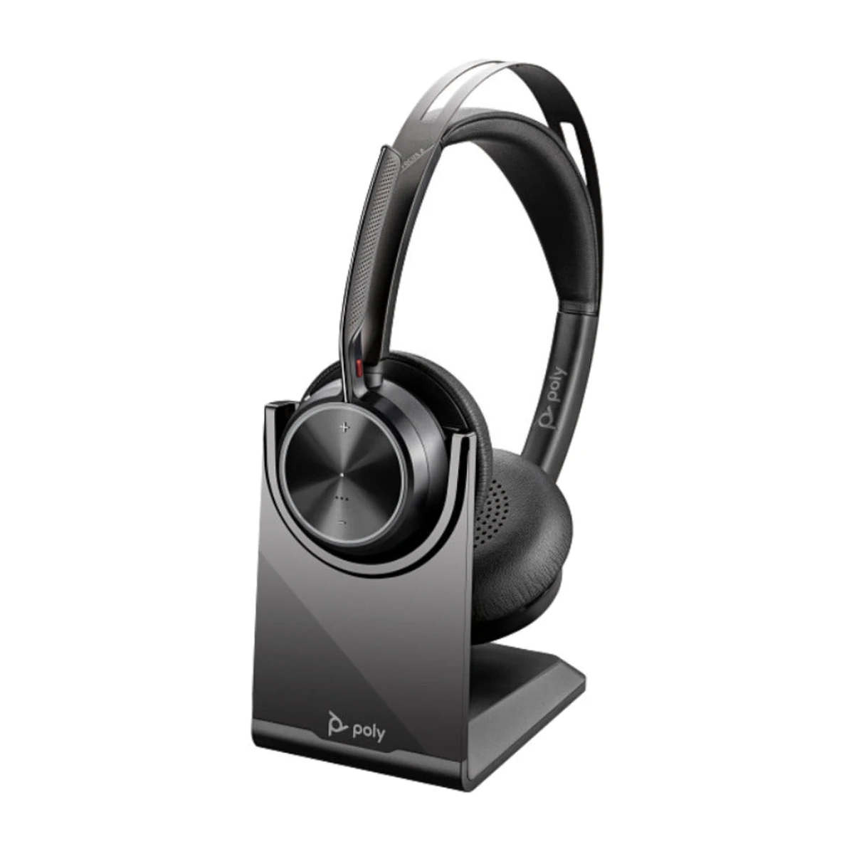 Poly Voyager Focus 2 UC headset, on charging stand Poly Voyager Focus 2 UC headset, on charging stand