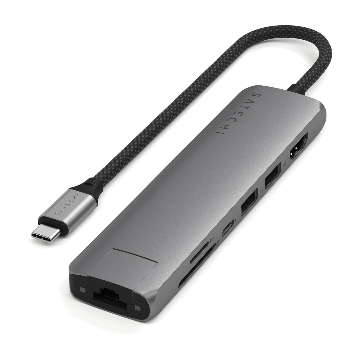 Satechi 7-in-1 USB-C Slim Multiport Adapter ST-P7SM Space Grey, three quarter view Satechi 7-in-1 USB-C Slim Multiport Adapter ST-P7SM Space Grey, three quarter view