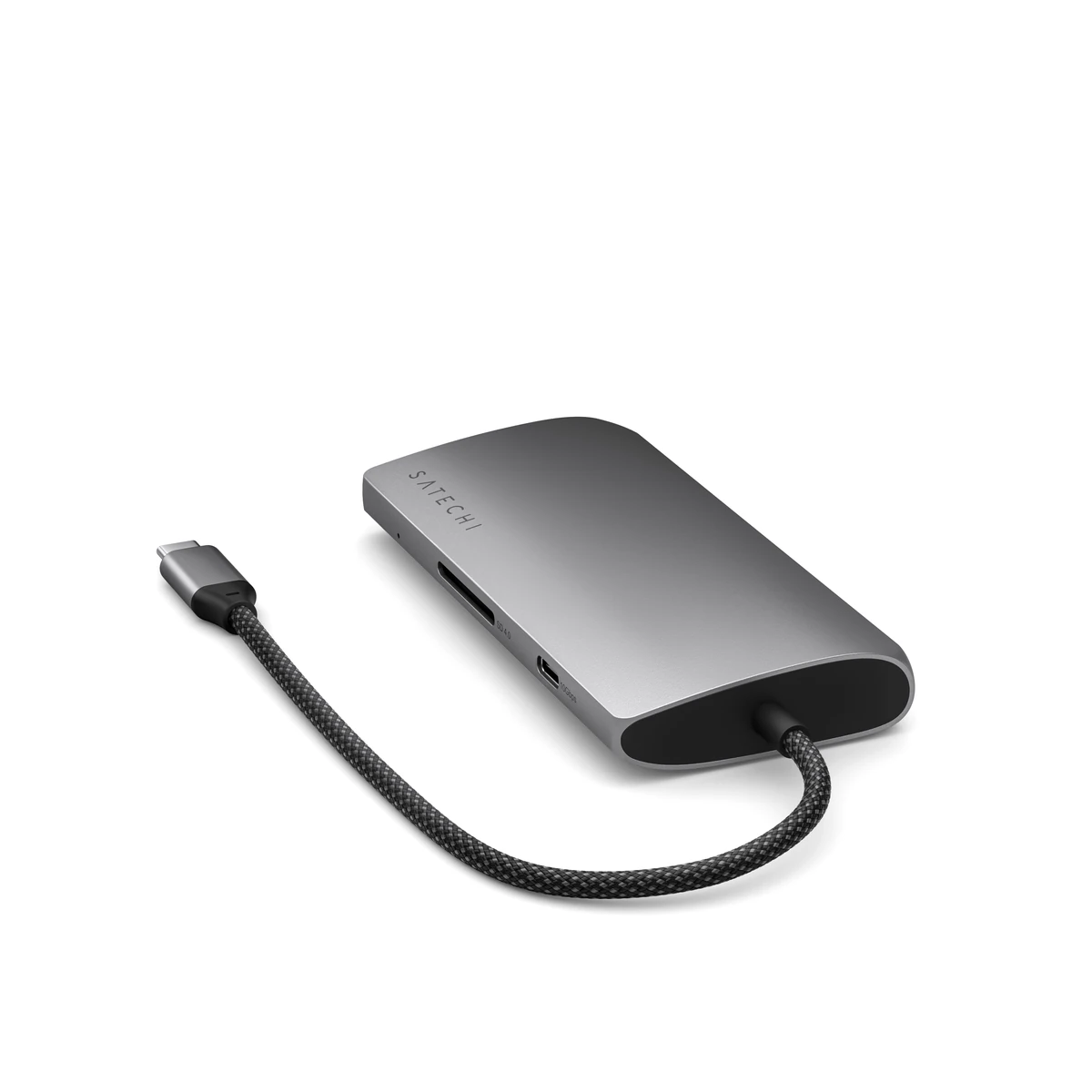 Satechi USB-C Multiport Adapter 8K with Ethernet V3 ST-P8KEM Space Gray, end view Satechi USB-C Multiport Adapter 8K with Ethernet V3 ST-P8KEM Space Gray, end view