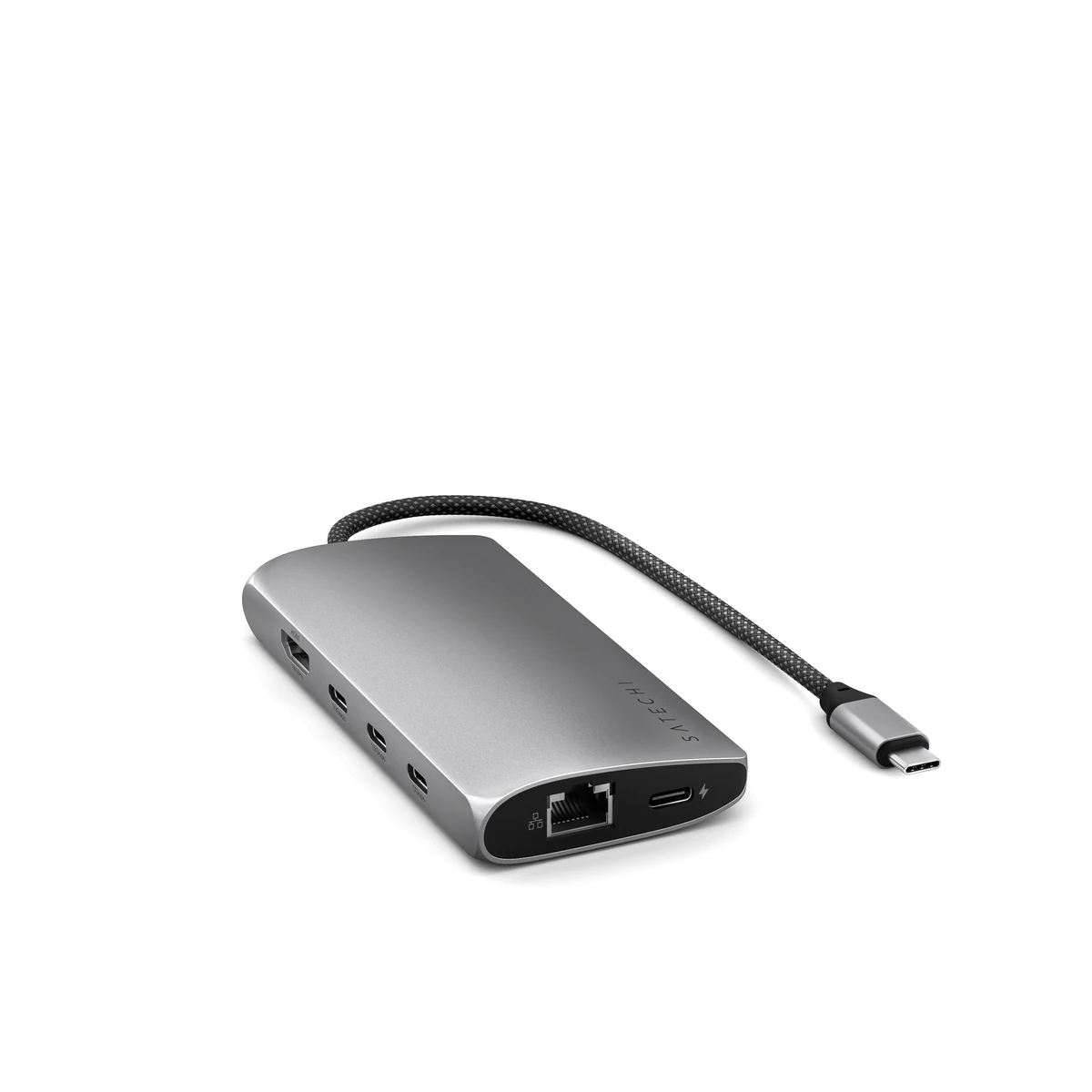 Satechi USB-C Multiport Adapter 8K with Ethernet V3 ST-P8KEM Space Gray, three quarter view Satechi USB-C Multiport Adapter 8K with Ethernet V3 ST-P8KEM Space Gray, three quarter view